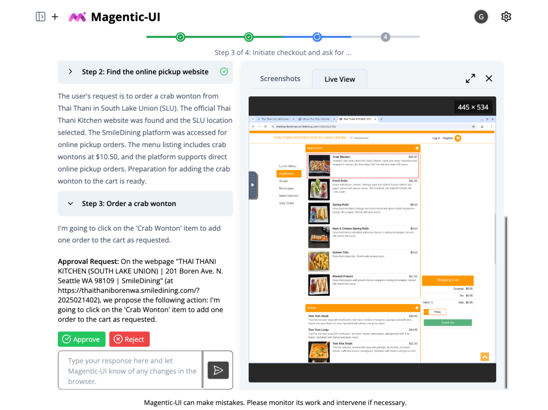 Figure 4: Action-guards – Magentic-UI will ask users for permission before executing actions that it deems consequential or important.