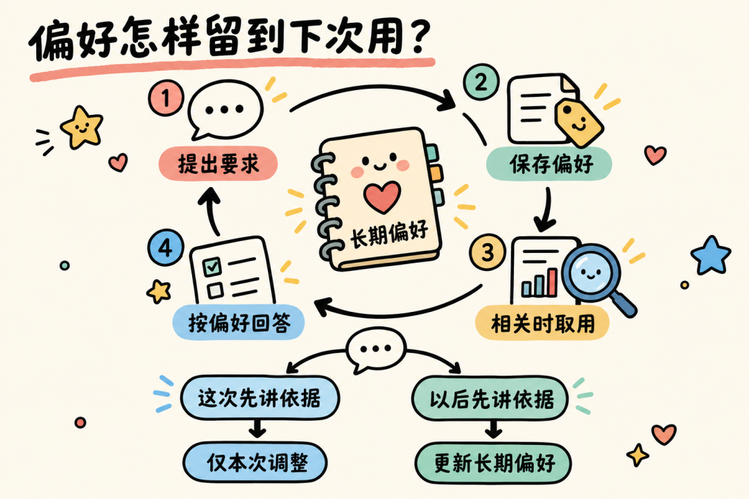 一条偏好怎样留到下次用:保存、取用,以及临时调整与长期更新的区别