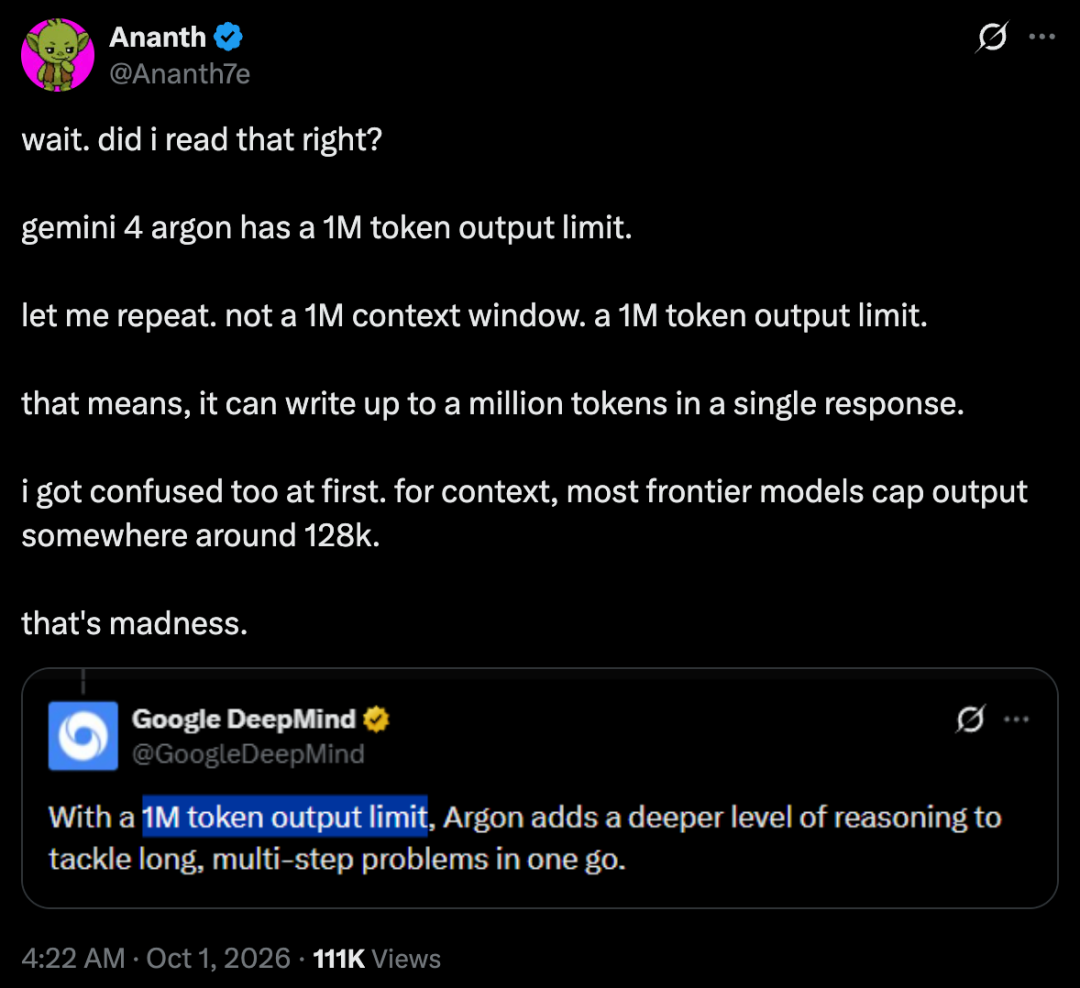 刚刚,谷歌发布Gemini 4 Argon:单次输出上限达100万Token 配图 3